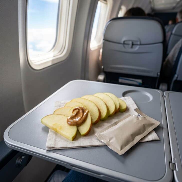 An almond butter squeeze packet and fresh apple slices on an airplane tray table
