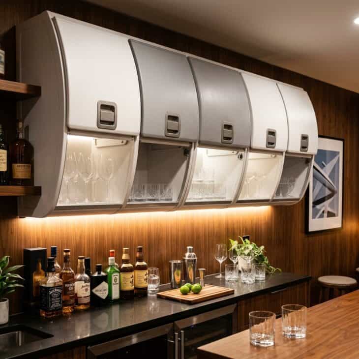 Airline overhead cabin bins repurposed as wall cabinets above a home bar