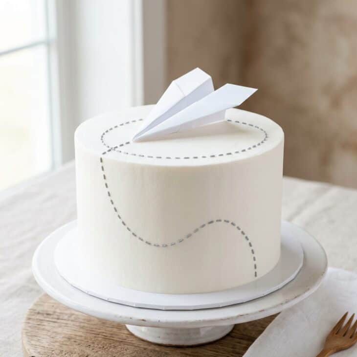 Minimalist white cake with a folded paper airplane topper and a dashed flight path line