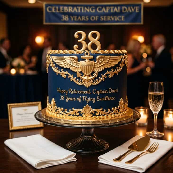 Navy retirement cake with a gold pilot wings emblem on top