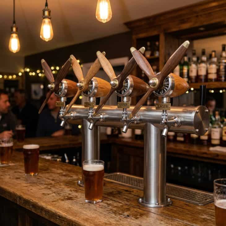 Draft beer tap handles shaped like miniature aircraft propellers on a bar