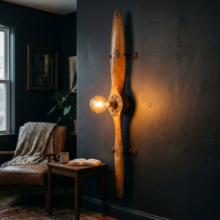 A single propeller blade reborn as a sconce casts warm light and long shadows.