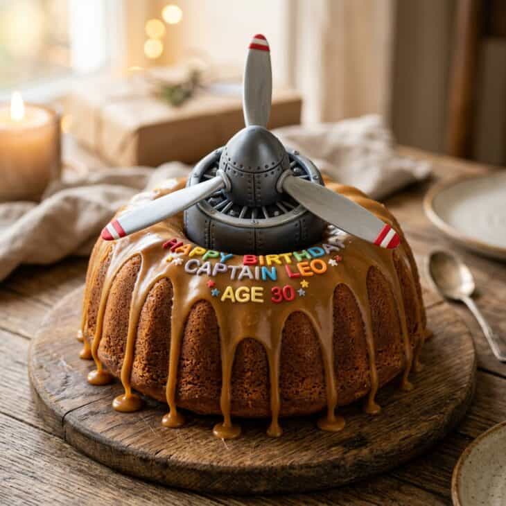 Glazed bundt cake with a fondant propeller mounted on top