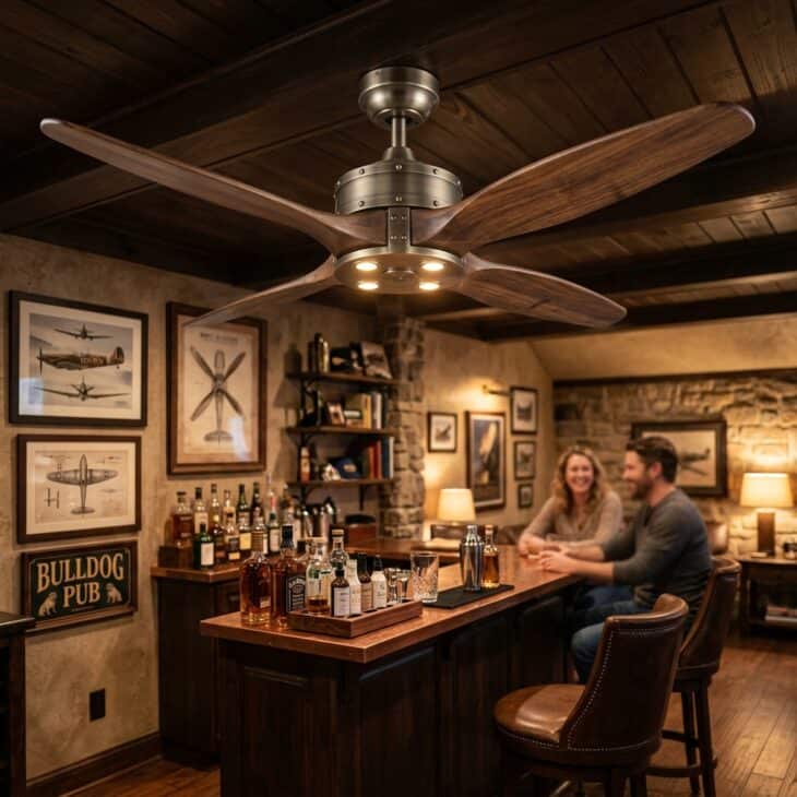 Ceiling fan with blades shaped like a vintage aircraft propeller above a bar