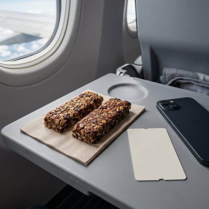 Two unwrapped protein bars on a napkin on an airplane tray table beside a phone