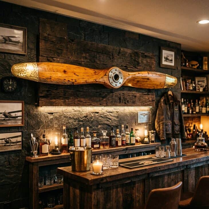 Vintage wooden aircraft propeller mounted horizontally on a wall above a bar