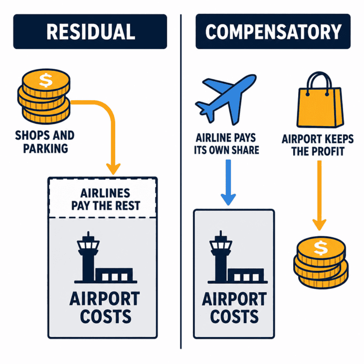 Diagram comparing residual and compensatory airline use agreements at airports