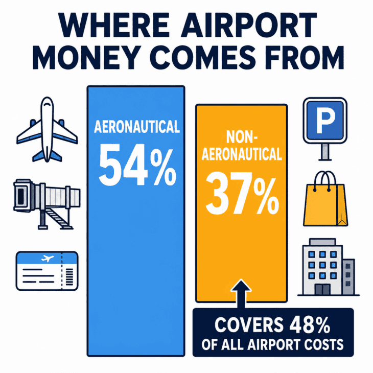 Bar diagram comparing aeronautical revenue at 54 percent with non-aeronautical revenue at 37 percent of global airport income