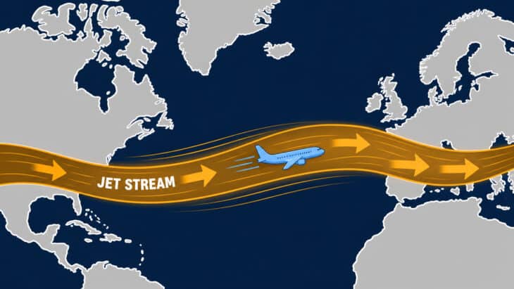Map of the North Atlantic showing the jet stream as a west-to-east band of wind with an airliner riding it eastbound toward Europe