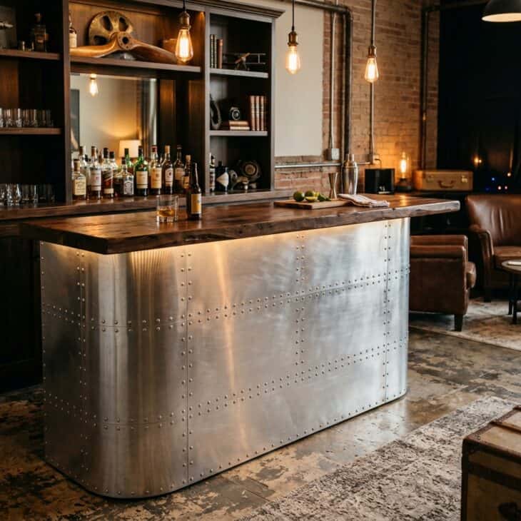 Home bar front clad in brushed riveted aluminum like an aircraft fuselage skin