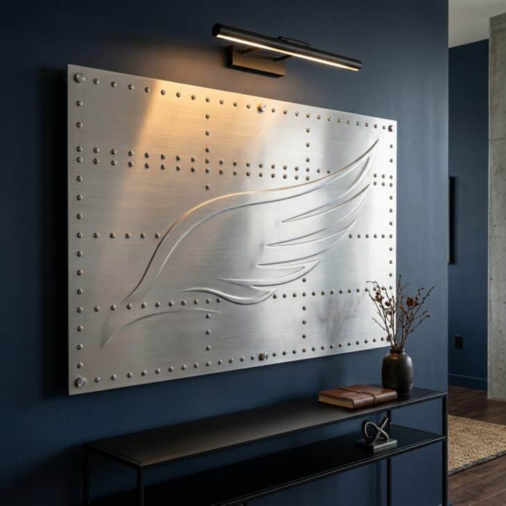 A riveted aluminum panel turns aircraft construction language into restrained industrial art.