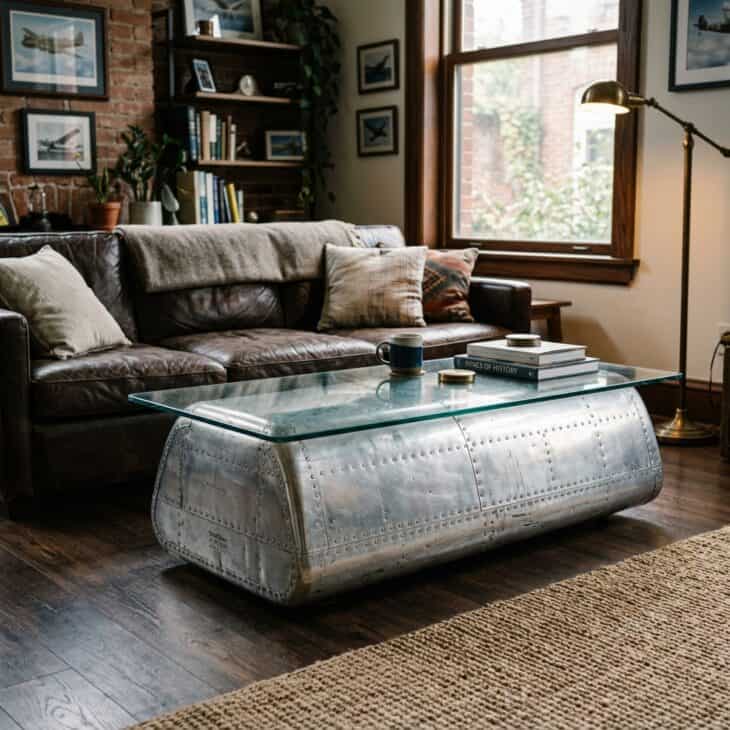 A polished wing section under glass turns aircraft aluminum into a living-room centerpiece.