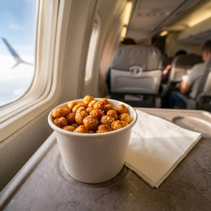A paper cup of crispy roasted chickpeas seasoned with paprika on an airplane tray table