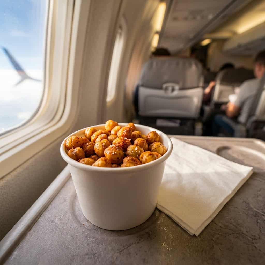 A paper cup of crispy roasted chickpeas seasoned with paprika on an airplane tray table