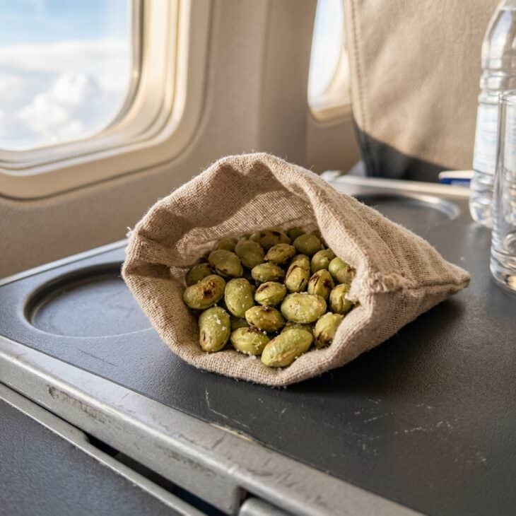 Crunchy roasted salted edamame beans in an open pouch on an airplane tray table