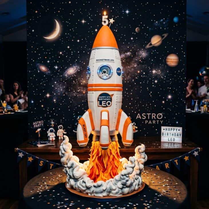 Upright rocket cake with fondant fins and buttercream flames at the base