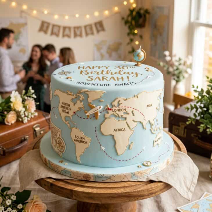 Round cake decorated as a world map with dashed red flight routes