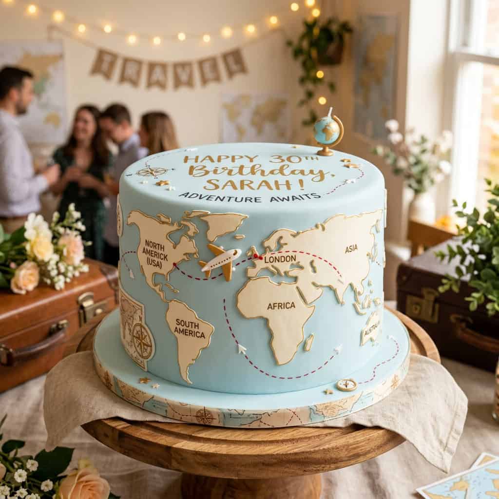Round cake decorated as a world map with dashed red flight routes