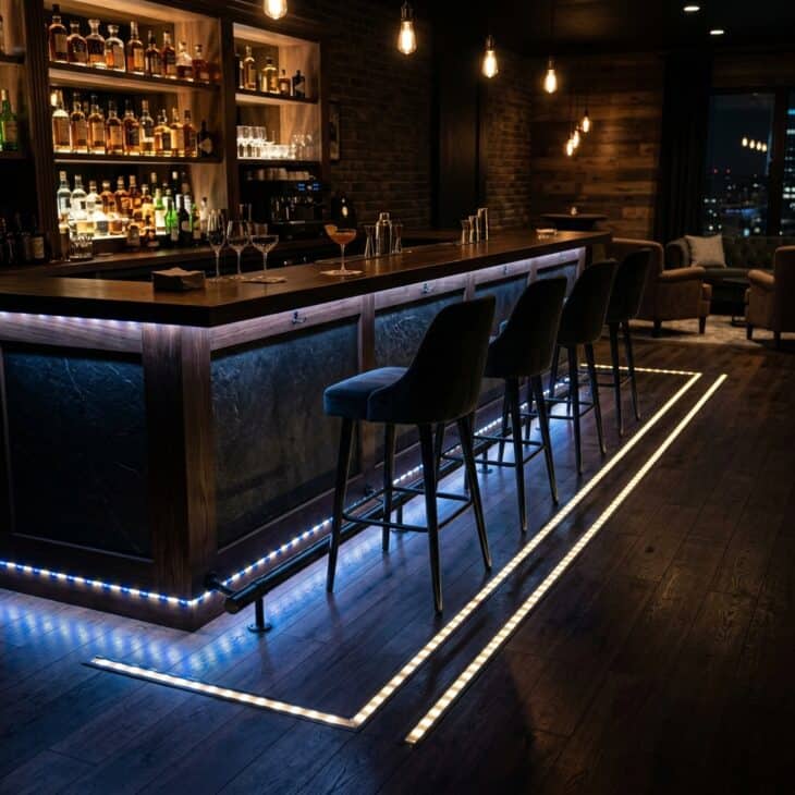 Home bar footrail lined with runway-style blue and white LED edge lights