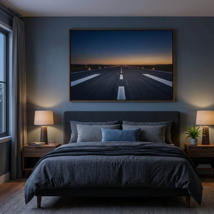 A runway vanishing toward the horizon gives a bedroom wall depth and a sense of departure.