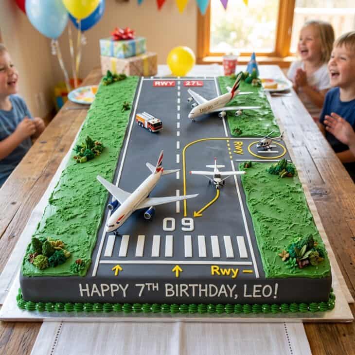 Sheet cake decorated as a gray runway with white markings and small toy planes