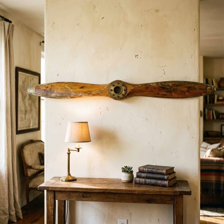 A salvaged wooden propeller becomes an instant focal point above a console table.