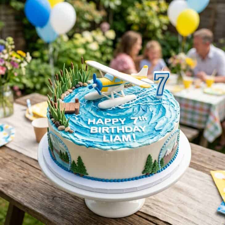 Cake with a blue buttercream lake top and a fondant floatplane on pontoons