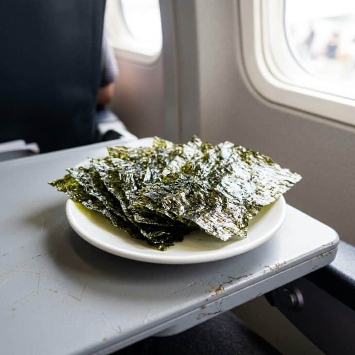 Crisp roasted seaweed snack sheets fanned out on a white plate on an airplane tray table