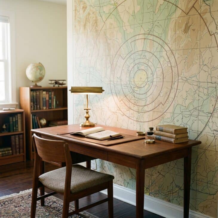 A single wall papered in an aged navigation chart doubles as art and map.