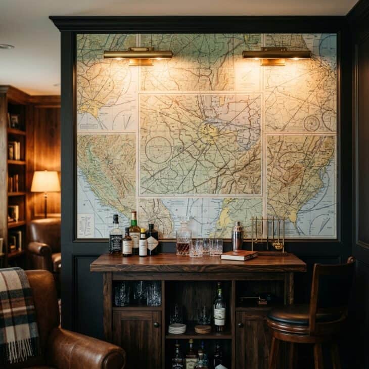 Accent wall covered in vintage aeronautical sectional charts behind a home bar