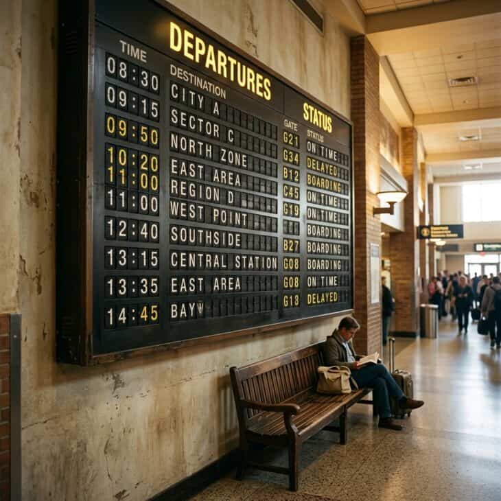A split-flap board recreates the clatter and charm of an old airport terminal.
