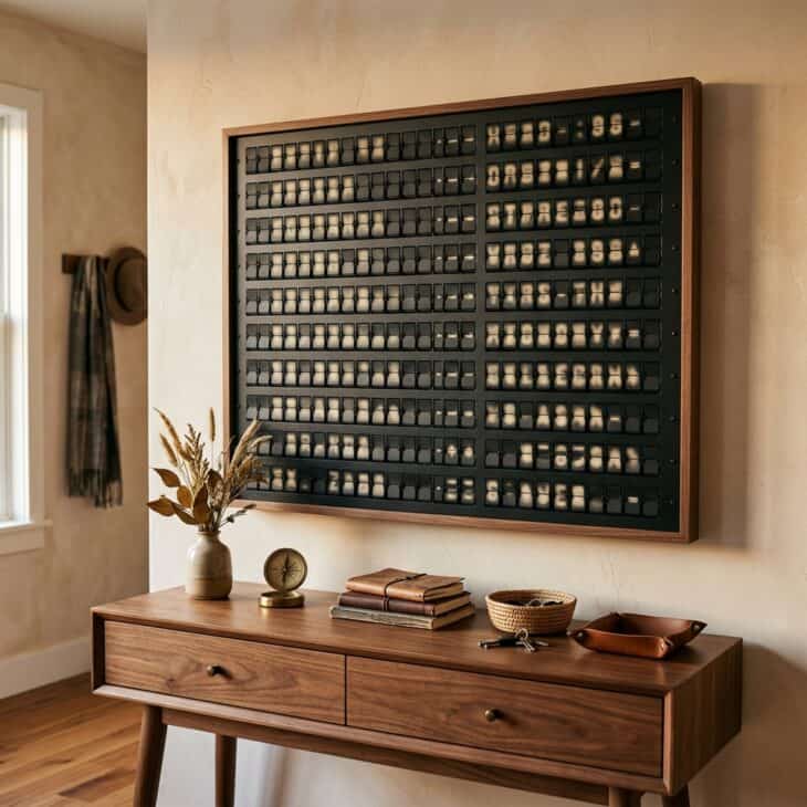 A split-flap-inspired panel brings the rhythm of an old departures hall into an entryway.