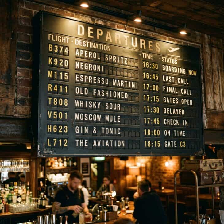 Retro split-flap departure board on a bar wall showing playful drink names