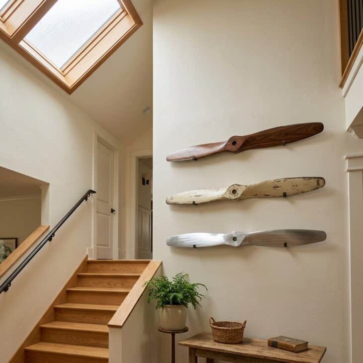 Three narrow propeller-blade panels turn a difficult stair wall into a layered display.