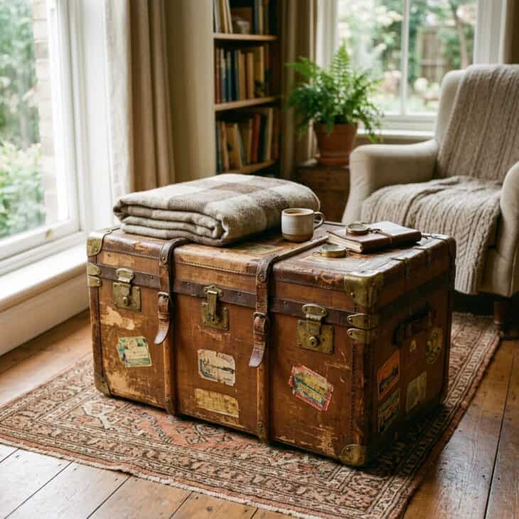 An old steamer trunk stores blankets and doubles as a low table with history built in.