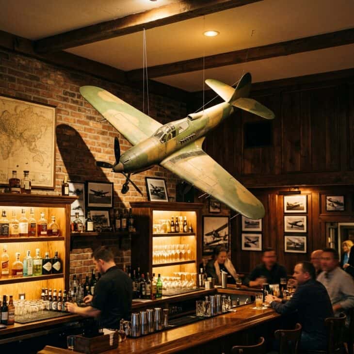 Large scale model warbird suspended from the ceiling above a home bar