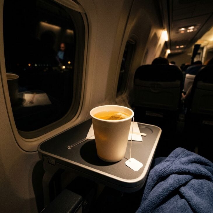 A cup of chamomile tea steeping on an airplane tray table on a night flight