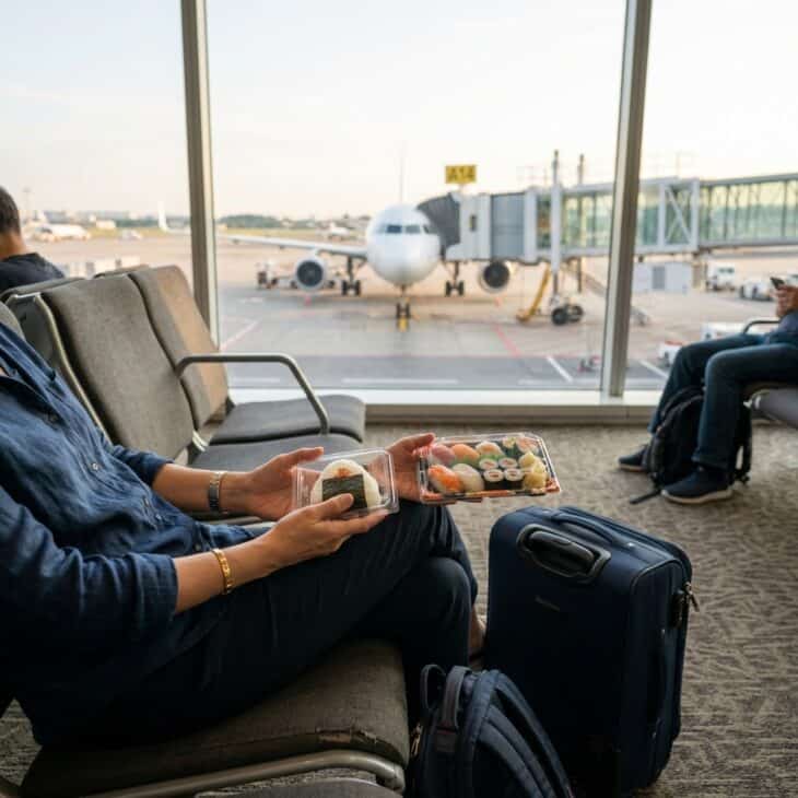 A traveler holding a rice ball and sushi pack at an airport gate with an aircraft outside the window