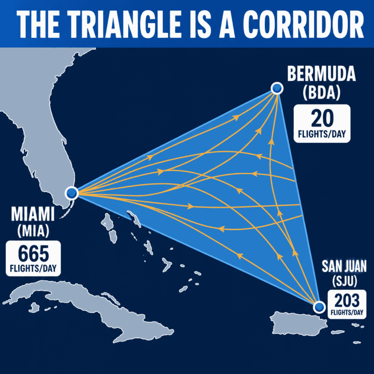 Map diagram of the Bermuda Triangle with Miami, Bermuda and San Juan airports at its corners and flight paths crossing through it