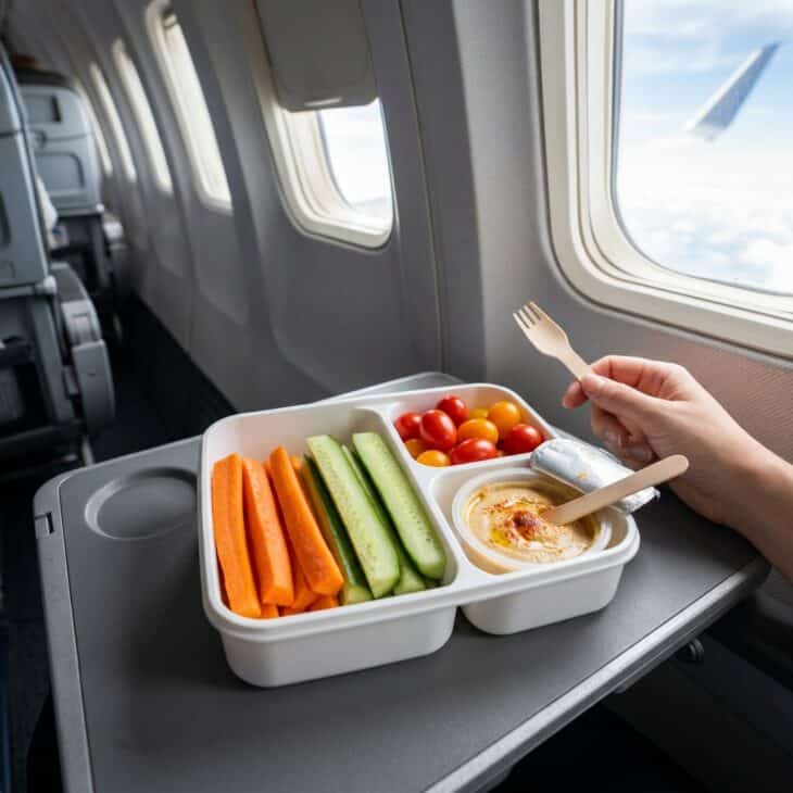 A compartmented bento box with carrot sticks, cucumber, cherry tomatoes and a hummus cup on an airplane tray table