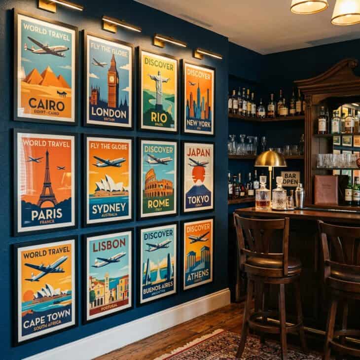 Gallery wall of framed vintage-style travel posters beside a home bar