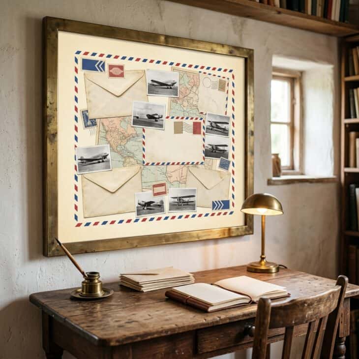 Layered air-mail ephemera brings color and handcrafted history to a writing corner.