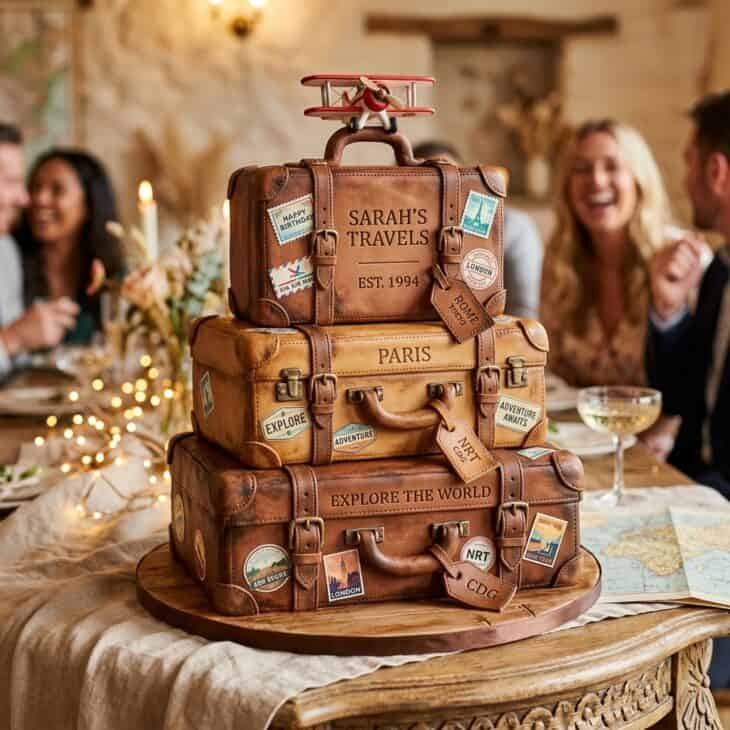 Cake shaped like stacked vintage suitcases with airmail stamps and a small plane on top