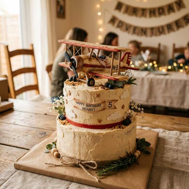 Cream and red fondant vintage biplane cake topper on a rustic cake