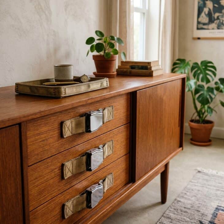 Old lap-belt buckles find second lives as drawer pulls and small trays.