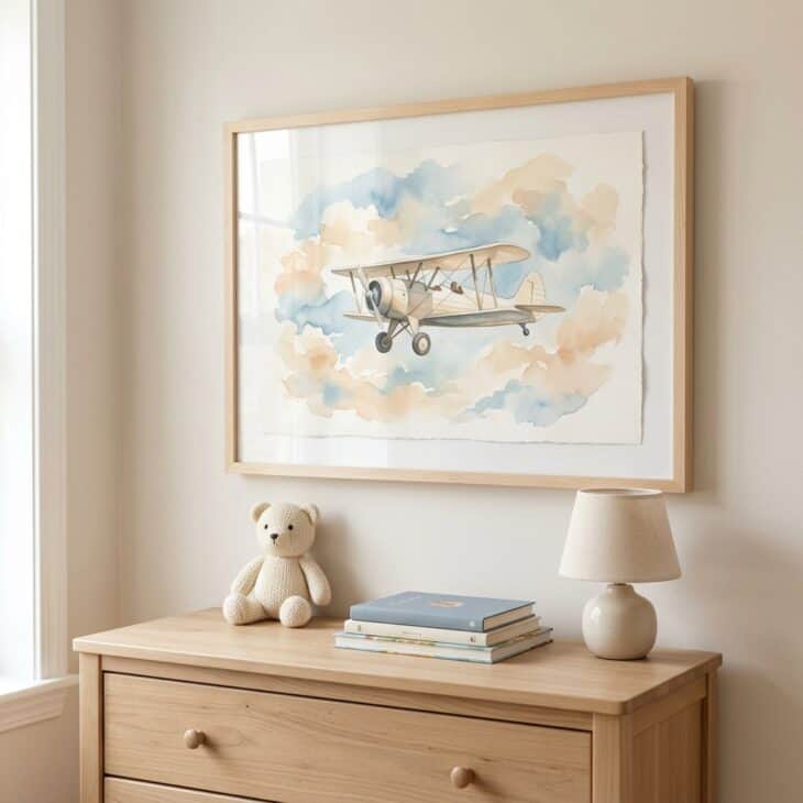 A loose watercolor biplane brings a gentle aviation note to a nursery or guest room.
