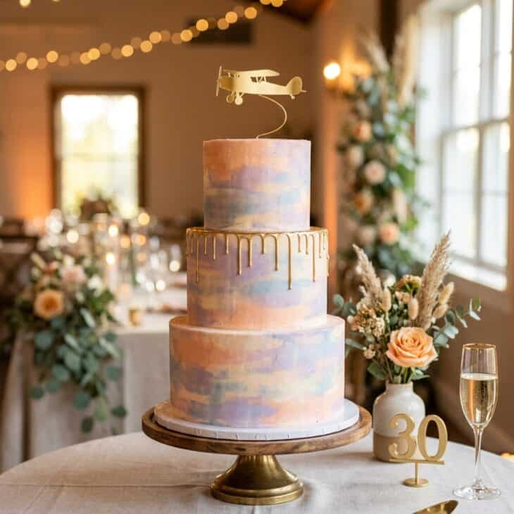 Watercolor sunset buttercream cake with gold drip and a small gold plane silhouette