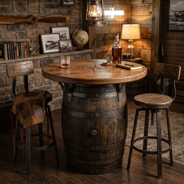 Oak whiskey barrel repurposed as a standing bar table with a compass-rose top