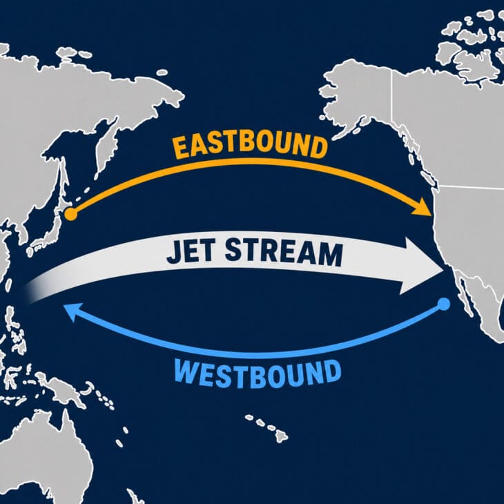 Eastbound and westbound flights take different tracks to work with the west-to-east winds.