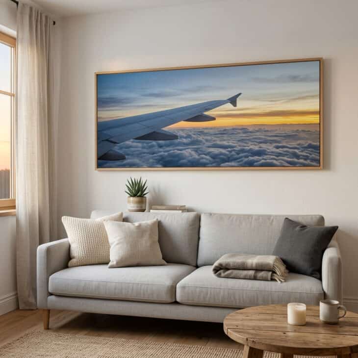A favorite wing-view photograph can become a calm, expansive canvas for the living room.